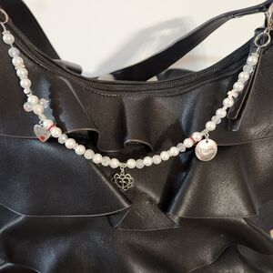 Hand Crafted Beaded Bag Charm Bracelet Pearls Pendants Crystals Pave White